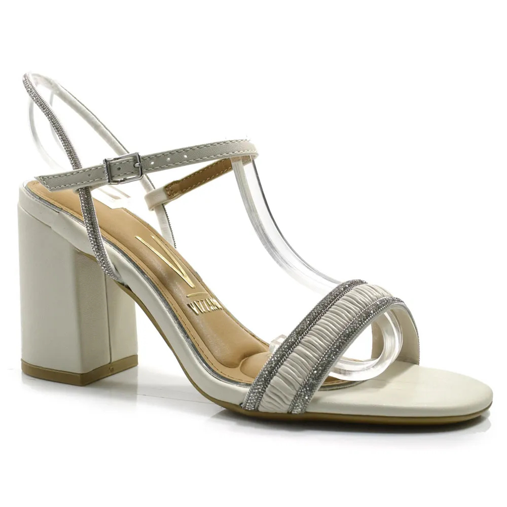 Sandália Salto Bloco Pedraria Tira Franzida Vizzano