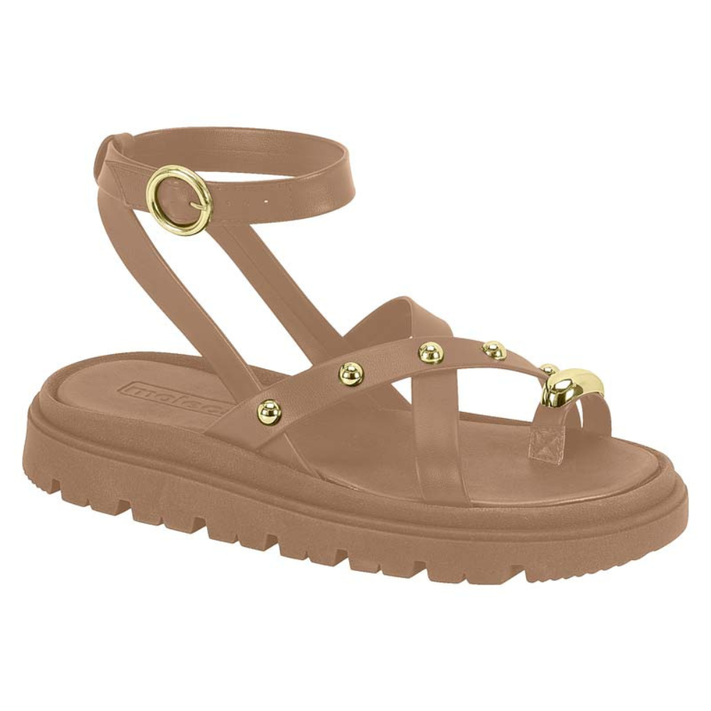 Sandália Papete Tiras com Aplicações Metal Dourado Moleca